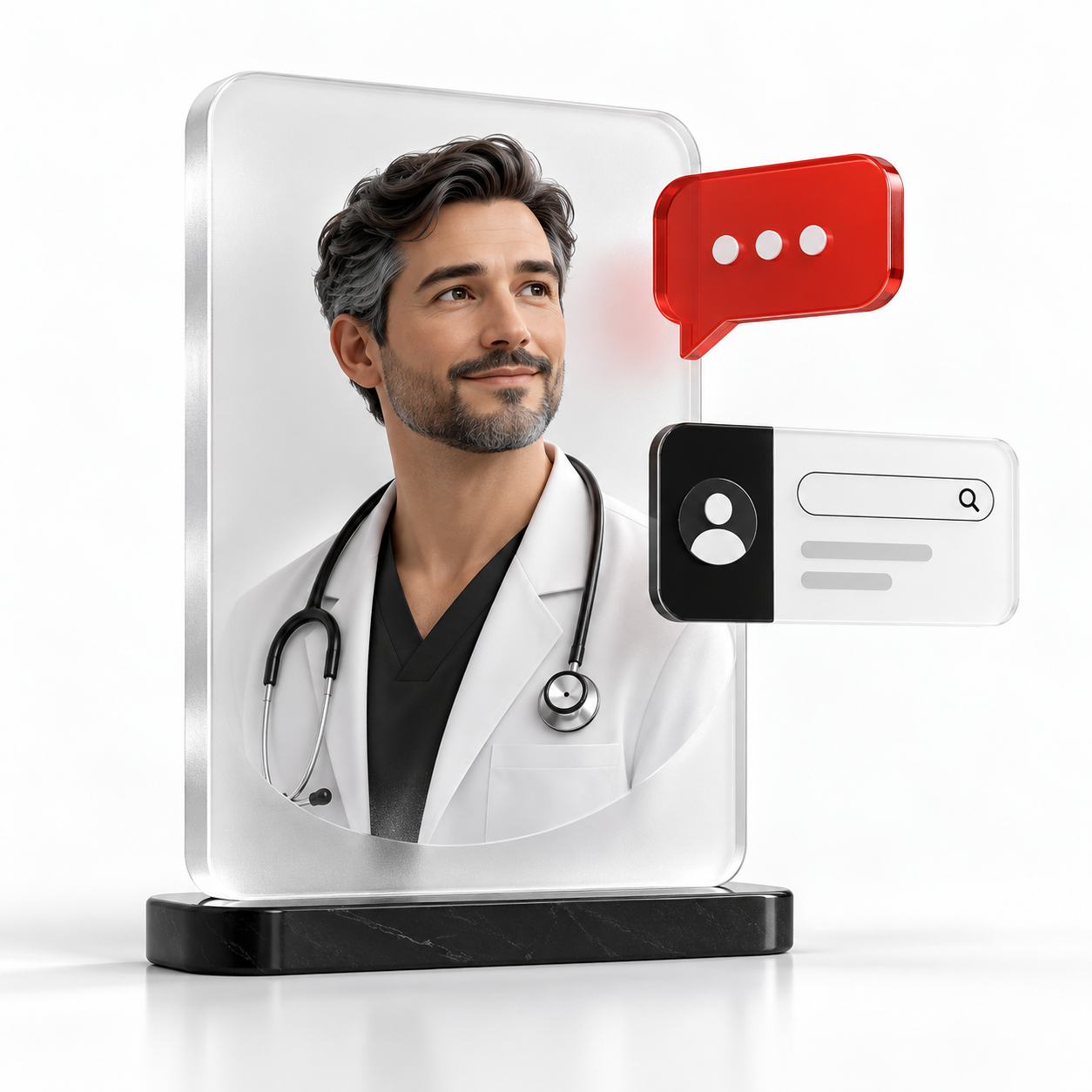 3D illustration of a doctor with search and patient communication elements